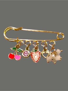Gold Cherry & Strawberry Charm Safety Pin Brooch - Red, Pink, Green